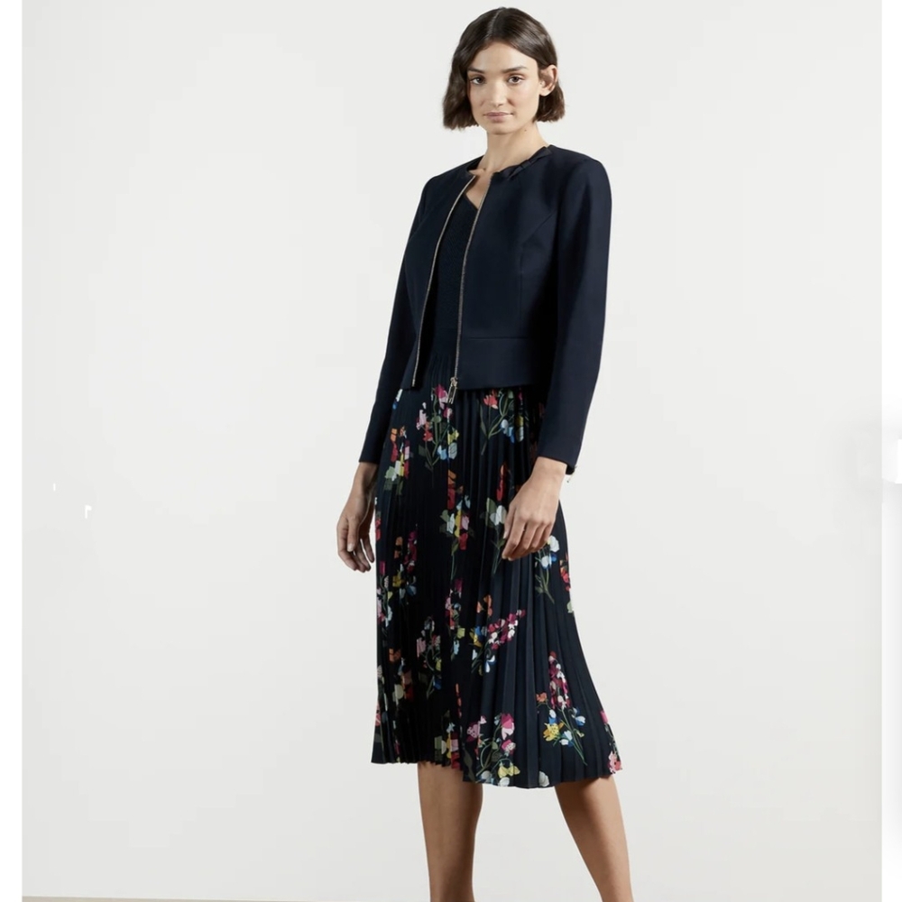 Ted Baker | JANNI Bow Neck Jacket Blazer Navy TB Size 0/US 2 Zip Cuffs Stretch